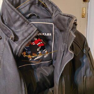 Moose Knuckle with Hood Blue w/black leather trimming